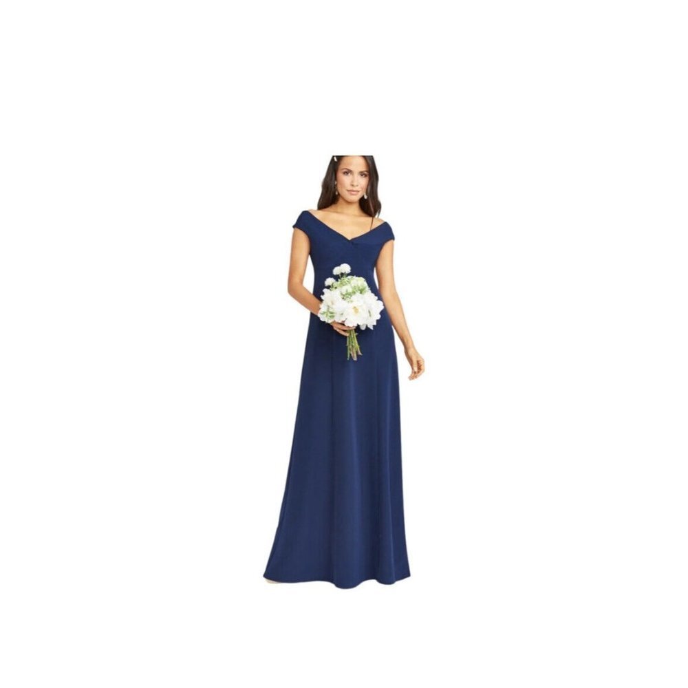 Show Me Your Mumu Woman's Zurich Knot Off Shoulder Navy Stretch Crepe Gown XXS
